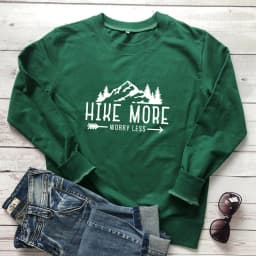 Hike More Worry Less Sweatshirt Casual Unisex Camping Pullovers Funny Women Graphic Outdoors Wanderlust Sweatshirts