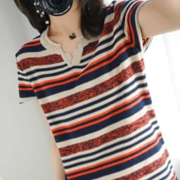 100% Cotton Short-sleeved Summer New Women's V-Neck Slim Pullover Tee Women's Plus Size Color stripe Knitted Bottoming T-shirt