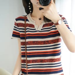 100% Cotton Short-sleeved Summer New Women's V-Neck Slim Pullover Tee Women's Plus Size Color stripe Knitted Bottoming T-shirt