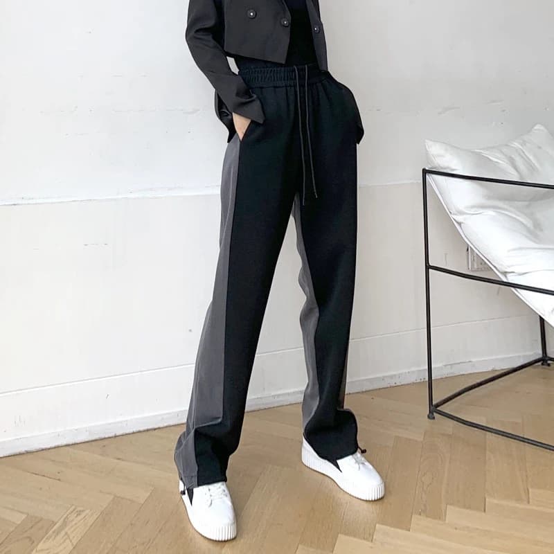 LMQ NEW 2020 Women Contrast Stitching Straight Wide Leg High Waist Sweatpants Casual Simple Elastic Harem Trousers
