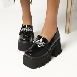 Square Toe Metal Chain Platform Street Trendy Shoes Super High Thick Heel Waterproof Platform Unisex Punk Style Fashion Pumps