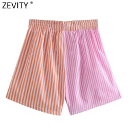 Zevity Women Fashion Patchwork Striped Print Casual Hot Bermuda Shorts Female Chic Elastic Waist Summer Pantalone Cortos P1086