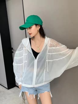 Amax luluE Summer 2024 British Fashion Sun Protective Clothing Ladies Sequins White Jackets Ladies Casual Hooded Oversized Coats