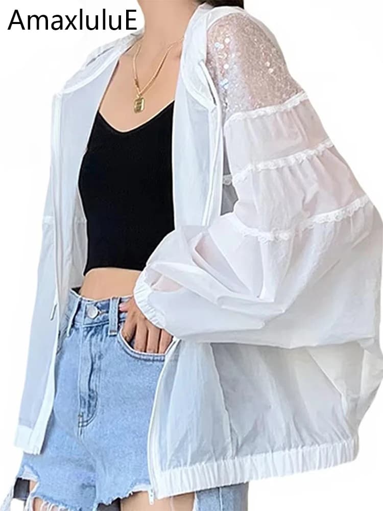 Amax luluE Summer 2024 British Fashion Sun Protective Clothing Ladies Sequins White Jackets Ladies Casual Hooded Oversized Coats