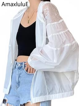 Amax luluE Summer 2024 British Fashion Sun Protective Clothing Ladies Sequins White Jackets Ladies Casual Hooded Oversized Coats