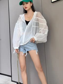 Amax luluE Summer 2024 British Fashion Sun Protective Clothing Ladies Sequins White Jackets Ladies Casual Hooded Oversized Coats