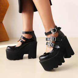 Silver Bat Buckle 3-Breasted Punk Style Wedge Pumps Ultra-High Waterproof Platform Glossy Patent Leather Trendy Women's Shoes