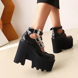 Silver Bat Buckle 3-Breasted Punk Style Wedge Pumps Ultra-High Waterproof Platform Glossy Patent Leather Trendy Women's Shoes