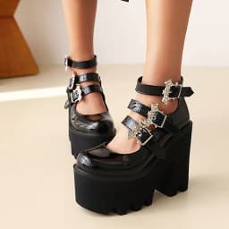 Silver Bat Buckle 3-Breasted Punk Style Wedge Pumps Ultra-High Waterproof Platform Glossy Patent Leather Trendy Women's Shoes