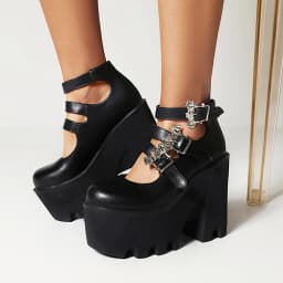 Silver Bat Buckle 3-Breasted Punk Style Wedge Pumps Ultra-High Waterproof Platform Glossy Patent Leather Trendy Women's Shoes