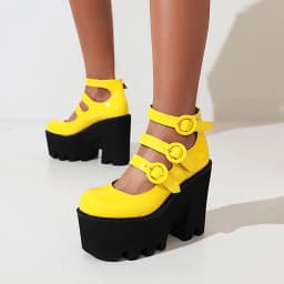 Three Rows Of Round Buckle Super High Wedges Sexy Women's Pumps Bright Patent Leather Super High Platform Women's High Heels