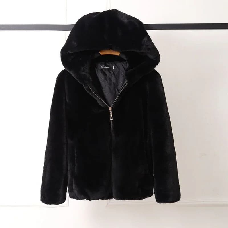 Lucyever High Quality Faux Rabbit Fur Hooded Coat Women Black Luxury Faux Fur Jacket Female Winter Zip Thick Warm Furry Coats