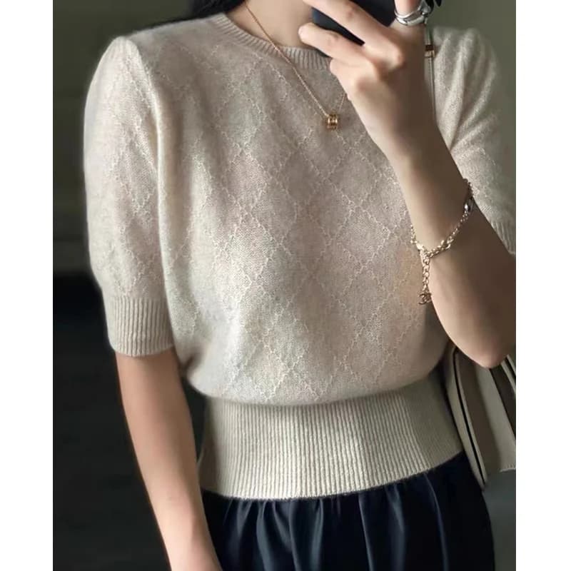 Cashmere knit short sleeve women's bottom loose  half sleeve T-shirt spring and autumn pullover short wool sweater