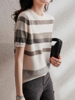 Women's Spring/summer 2022 Loose half Sleeve Striped ice knitted shirt with round collar and short sleeve