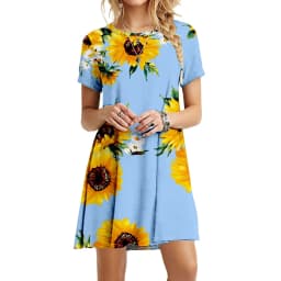Hot Sale Dresses For Summer 2022 New Women Boho Sunflower Print Dress Casual O-Neck Short Sleeve Loose Ladies Oversized Dress