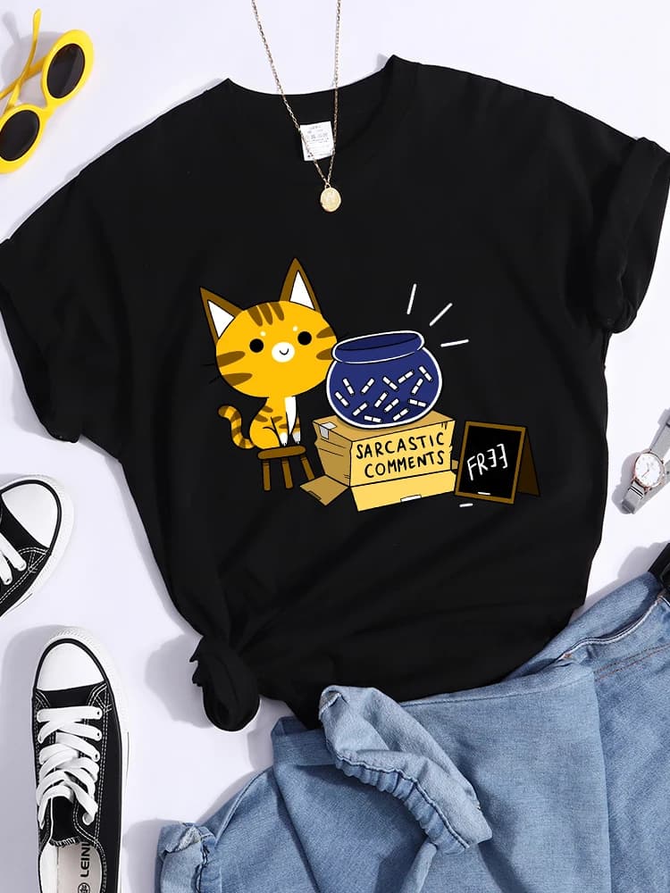 Sarcastic Comments Kawaii Cat T-Shirt Women Fashion Casual T Shirts Street Hip Hop Crop Top Cool Sport Breathable Female Tshirts