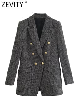 ZEVITY Women Vintage Notched Collar Houndstooth Pattern Tweed Woolen Blazer Coat Female Outerwear Chic Suits Veste Tops CT2994