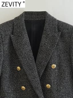 ZEVITY Women Vintage Notched Collar Houndstooth Pattern Tweed Woolen Blazer Coat Female Outerwear Chic Suits Veste Tops CT2994
