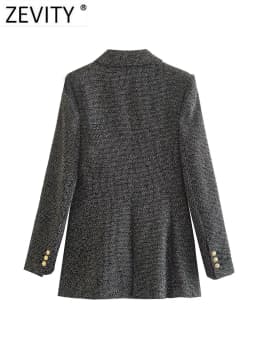 ZEVITY Women Vintage Notched Collar Houndstooth Pattern Tweed Woolen Blazer Coat Female Outerwear Chic Suits Veste Tops CT2994