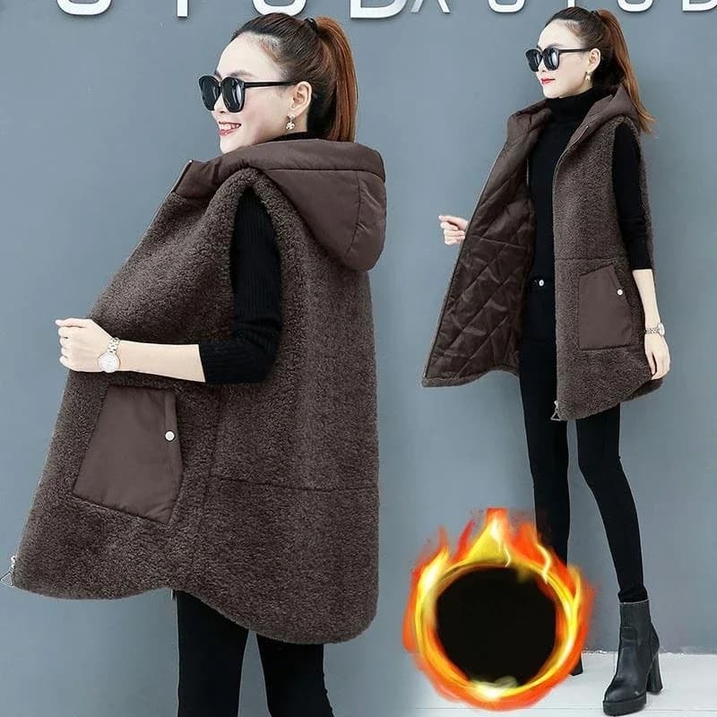 Women Lamb Wool Vest Coat Autumn Winter Warm Hooded Cardigan Sleeveless Tops Free Shipping Plus Size Loose Korean Fashion Thick
