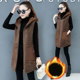 Women Lamb Wool Vest Coat Autumn Winter Warm Hooded Cardigan Sleeveless Tops Free Shipping Plus Size Loose Korean Fashion Thick