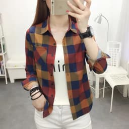 UHYTGF Spring Summer Shirt Women's Long-Sleeved Plaid Thin Tops Female Single Breasted Casual Students Shirts And Blouses 2471