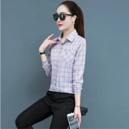 UHYTGF Spring Summer Shirt Women's Long-Sleeved Plaid Thin Tops Female Single Breasted Casual Students Shirts And Blouses 2471