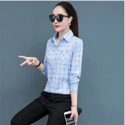 UHYTGF Spring Summer Shirt Women's Long-Sleeved Plaid Thin Tops Female Single Breasted Casual Students Shirts And Blouses 2471