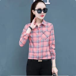 UHYTGF Spring Summer Shirt Women's Long-Sleeved Plaid Thin Tops Female Single Breasted Casual Students Shirts And Blouses 2471