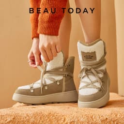 BeauToday Snow Boots Women Flats Lace Up Round Toe Cow Suede Warm Faux Fur Mixed Color Casual Outdoor Winter Ladies Shoes 08036