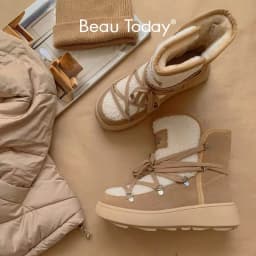 BeauToday Snow Boots Women Flats Lace Up Round Toe Cow Suede Warm Faux Fur Mixed Color Casual Outdoor Winter Ladies Shoes 08036