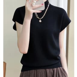 Merino Wool Knitted T-shirt Women's Summer 2023 New Half Height Pullover Short Sleeve Vest Fashion Basic Solid Color Women's Top