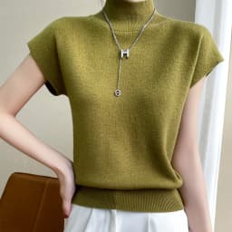 Merino Wool Knitted T-shirt Women's Summer 2023 New Half Height Pullover Short Sleeve Vest Fashion Basic Solid Color Women's Top