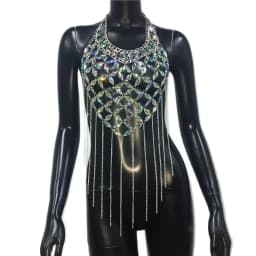 Shiny Acrylic Gems Sequins Tank Top Metal Tassel Body Chain 2025 Festival Rave Clothing Summer Sexy Backless Crop Tops
