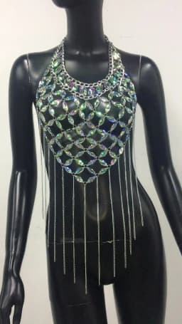 Shiny Acrylic Gems Sequins Tank Top Metal Tassel Body Chain 2025 Festival Rave Clothing Summer Sexy Backless Crop Tops