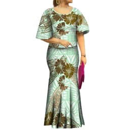 2023 New Style Samoan Puletasi Polynesian Tribal Dress Bat Sleeve Tops Long Fishtail Skirt Set Match Mens Shirts