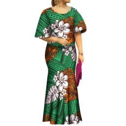 2023 New Style Samoan Puletasi Polynesian Tribal Dress Bat Sleeve Tops Long Fishtail Skirt Set Match Mens Shirts