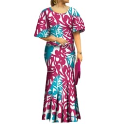2023 New Style Samoan Puletasi Polynesian Tribal Dress Bat Sleeve Tops Long Fishtail Skirt Set Match Mens Shirts