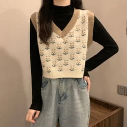 MEXZT Vintage Harajuku Print Knit Vest Fall Women V-Neck Sweater Vests Fashion Loose Sleeveless Y2k Waistcoat Korean Pullovers
