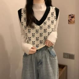MEXZT Vintage Harajuku Print Knit Vest Fall Women V-Neck Sweater Vests Fashion Loose Sleeveless Y2k Waistcoat Korean Pullovers