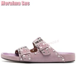 Rivet Belt Buckle Flat with Slippers Round Toe Black Solid Women Shoes Summer Slides Casual Outside Fashion Newest Slip On 2023