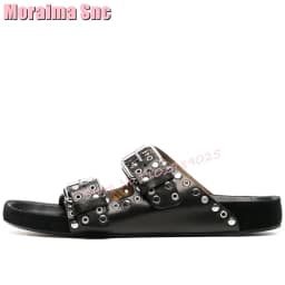 Rivet Belt Buckle Flat with Slippers Round Toe Black Solid Women Shoes Summer Slides Casual Outside Fashion Newest Slip On 2023