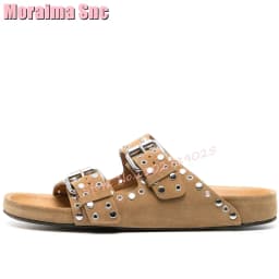 Rivet Belt Buckle Flat with Slippers Round Toe Black Solid Women Shoes Summer Slides Casual Outside Fashion Newest Slip On 2023
