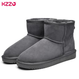 KZZO Size 37-48 Australia Classic Real Sheepskin Suede Leather Men Sheep Wool Fur Lined Winter Short Ankle Snow Boots Grey Shoes