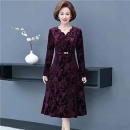 Middle-Aged And Elderly Female Autumn High Pressure Flower V-Neck Dress Temperament Long Sleeve Long Mother Dress Female Elegant