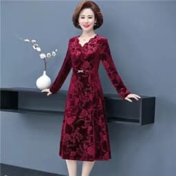 Middle-Aged And Elderly Female Autumn High Pressure Flower V-Neck Dress Temperament Long Sleeve Long Mother Dress Female Elegant