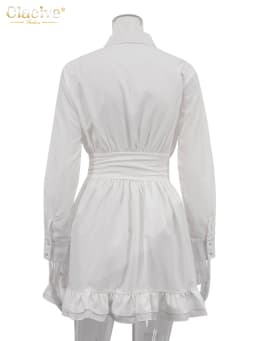 Clacive Fashion Loose White Women's Dress 2024 Elegant Lapel Long Sleeve Mini Dresses Casual High Waist Pleated Female Dress