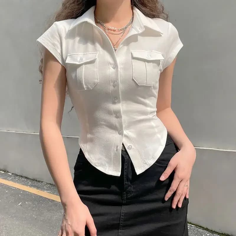 Skinny Uniform Short Sleeve Shirts Women Korean Turndown Collar Pockets White T-Shirt Slim Fit Single-Breasted OL Woman Clothes