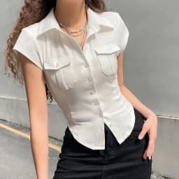 Skinny Uniform Short Sleeve Shirts Women Korean Turndown Collar Pockets White T-Shirt Slim Fit Single-Breasted OL Woman Clothes