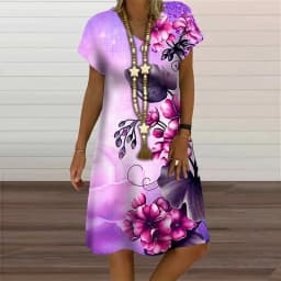 Summer Fashion Butterfly Plant Flowers Print Women Dress Elegant Sweet Short Sleeve V-Neck Oversized Clothing Casual Loose Dress